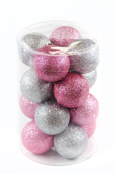 Set of Christmas decorations in a tube, plastic ball, D-60, 16 pcs, D-60, Pink, silver